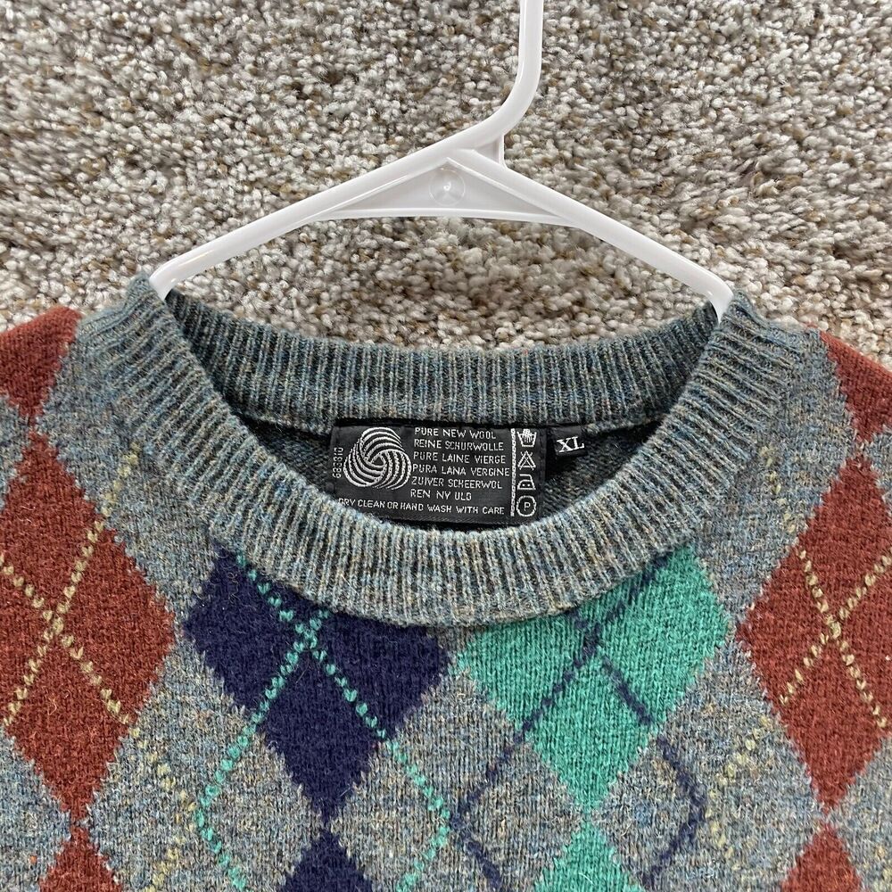 Pure New Wool Sweater Men Extra Large Gray Argyle Diamond Crew Neck Pullover VTG - Picture 2 of 10